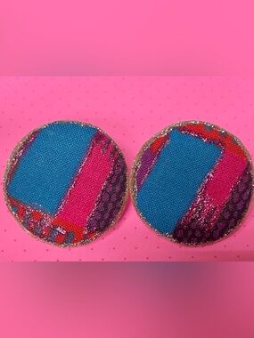 80s Handmade Colorblock Round Fabric Statement Earrings - Blue & Pink